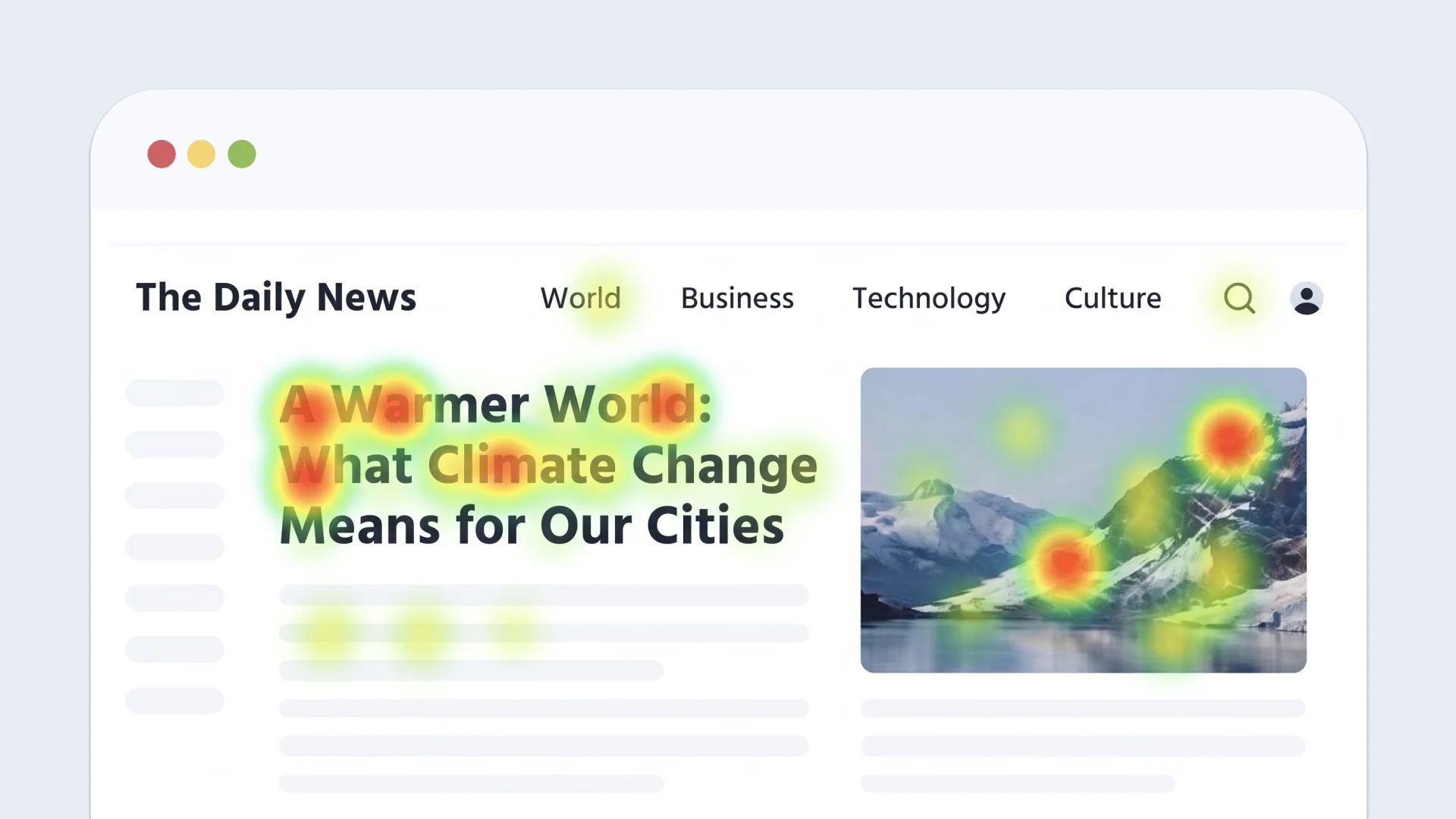 Page d'actualités fictives avec une carte thermique concentrée sur le titre de l'article et la photo de montagne à côté