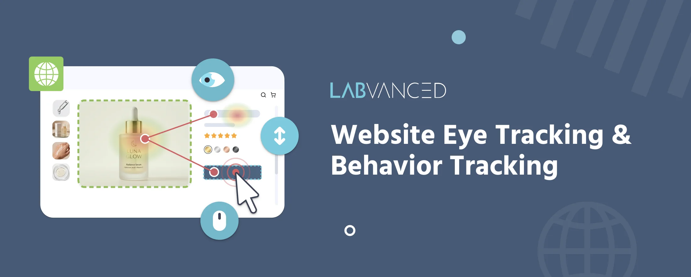 Illustration d'une page produit de site Web dans Labvanced avec une zone suivie entourée de vert, des points de chaleur de regard, un curseur et des icônes de défilement, à côté du titre Suivi oculaire de site Web et Suivi du comportement
